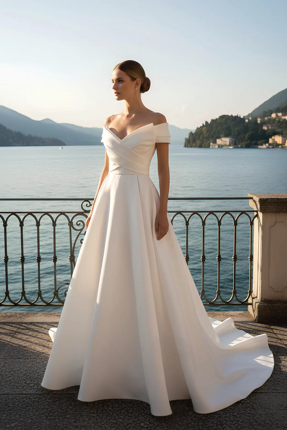 Abito sposa mikado a ruota, bustino scollo omerale