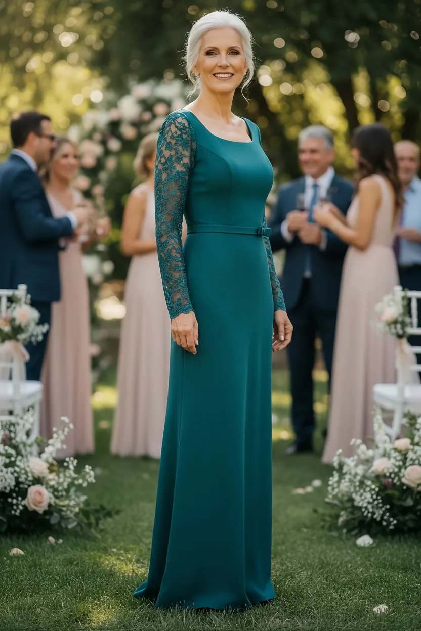 Vestito lungo ottanio cerimonia scollo quadrato e maniche in pizzo