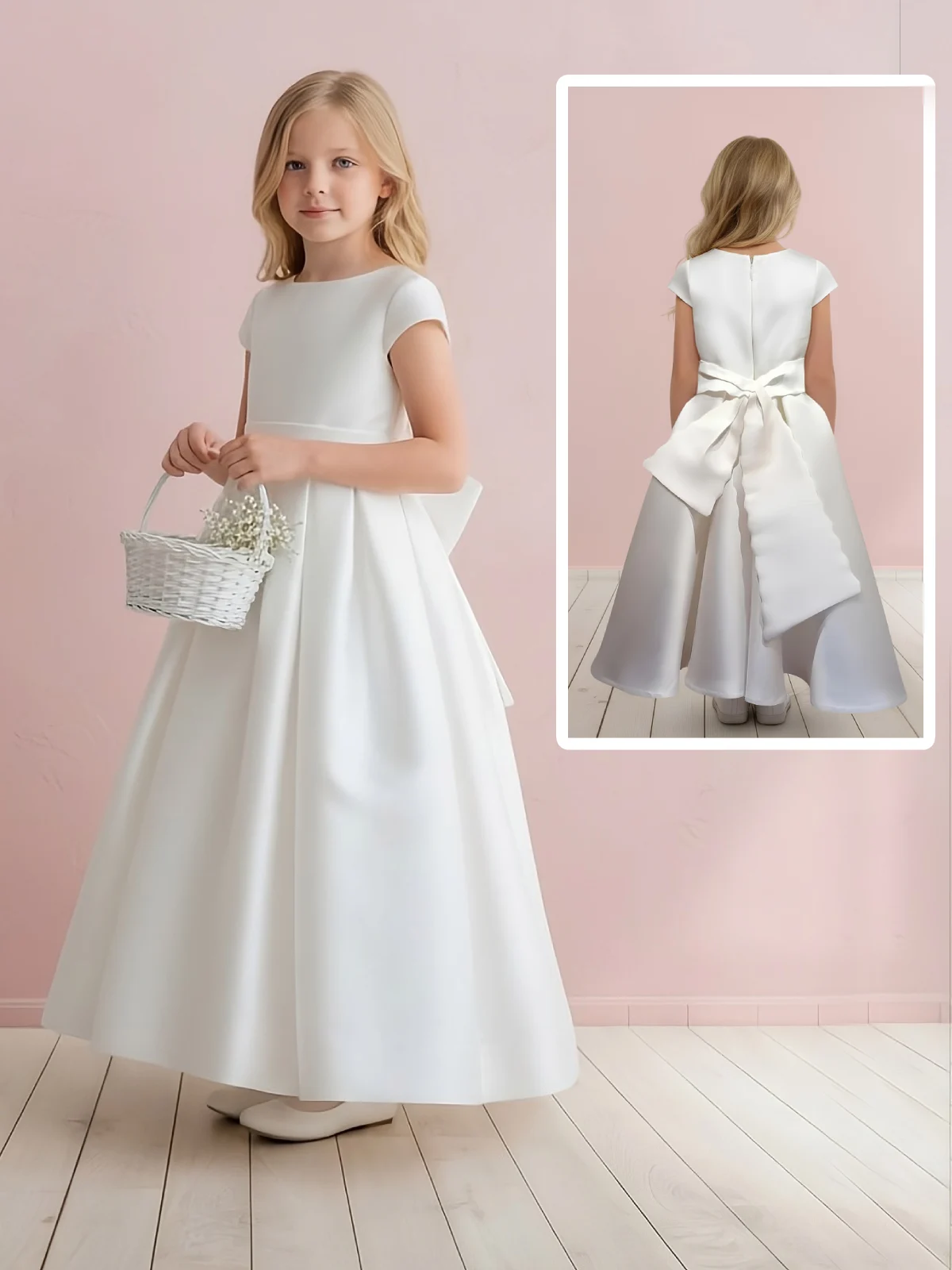 Bambina modella indossa abito in mikado per comunione o cerimonia