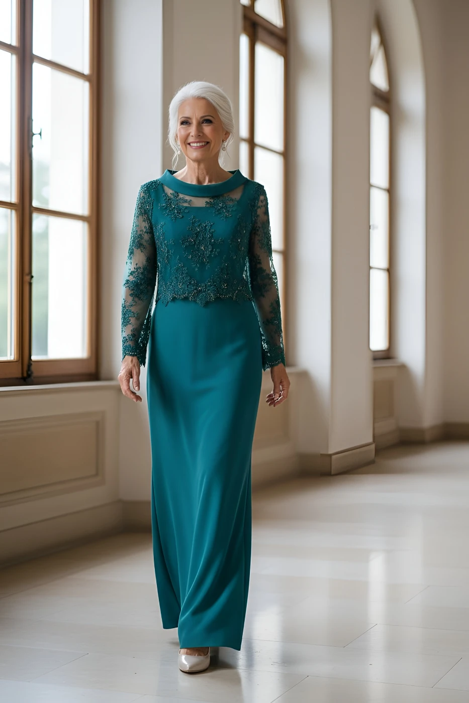 Vestito cerimonia ottanio con abito lungo a tubino e maniche in pizzo