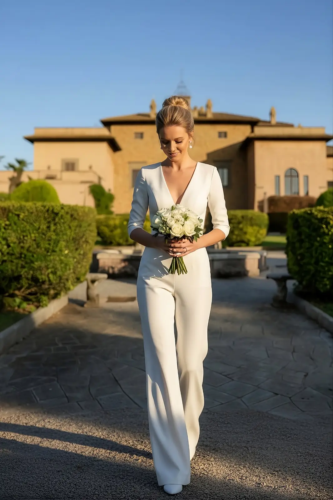 Jumpsuite sposa bianca scollo a V semplice, Atelier Meni