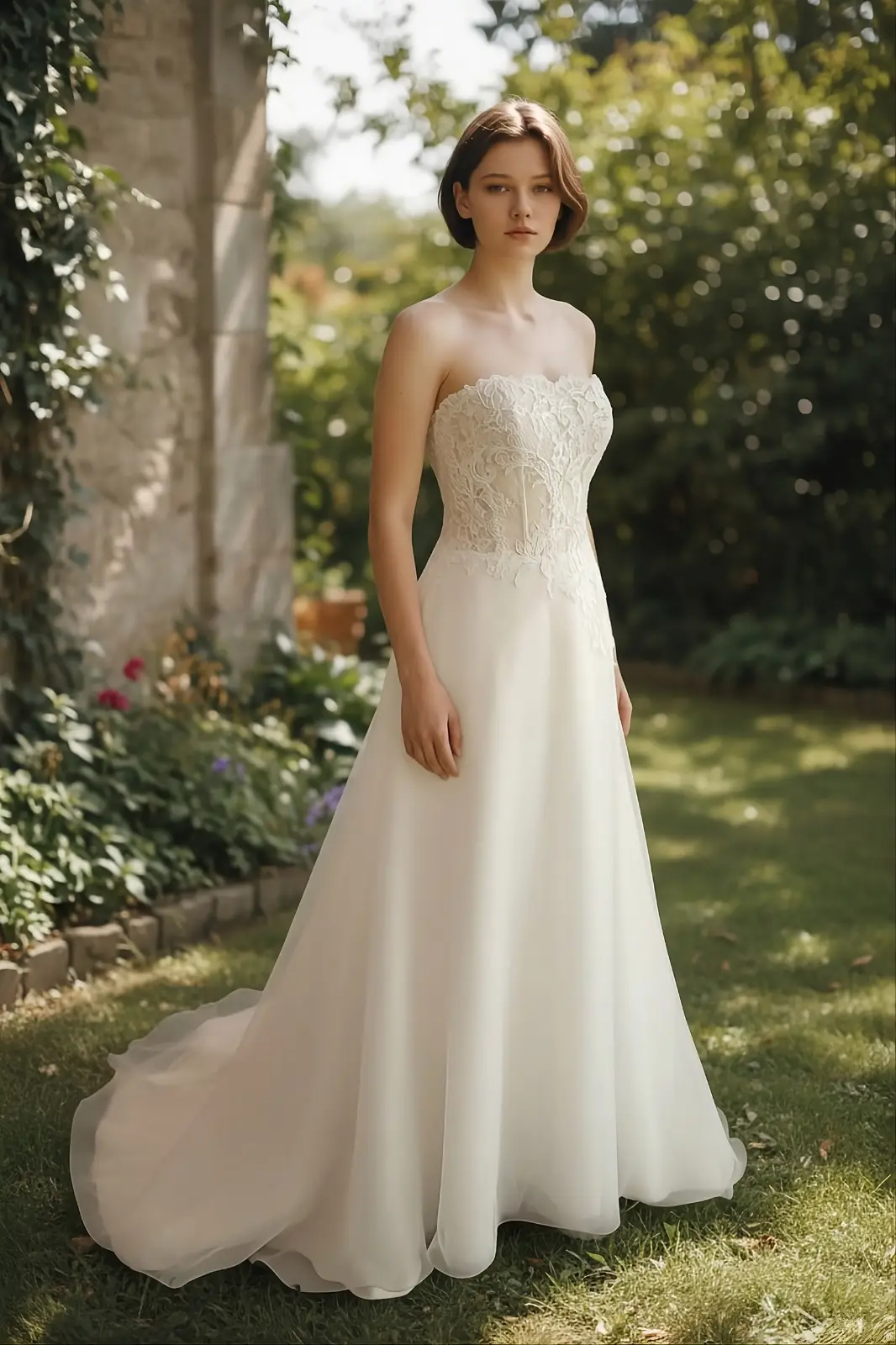 abito da sposa con bustino in pizzo e gonna in organza Atelier Menì