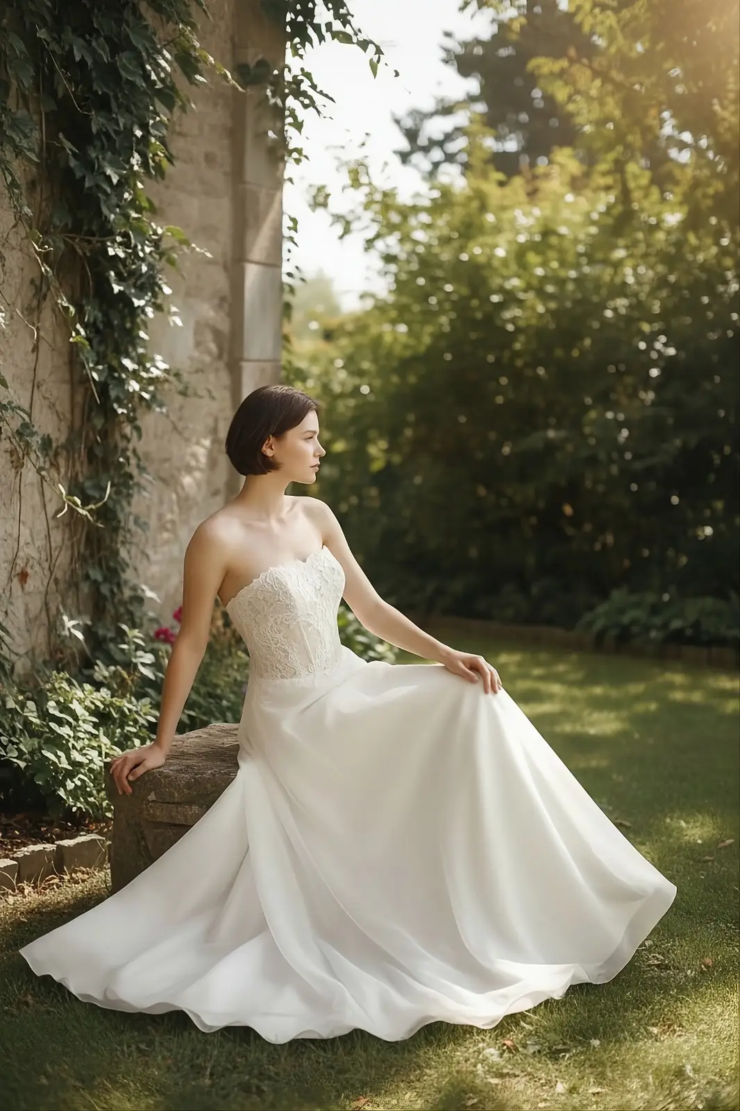 Sposa con abito Atelier Menì bustino in pizzo e gonna scivolata