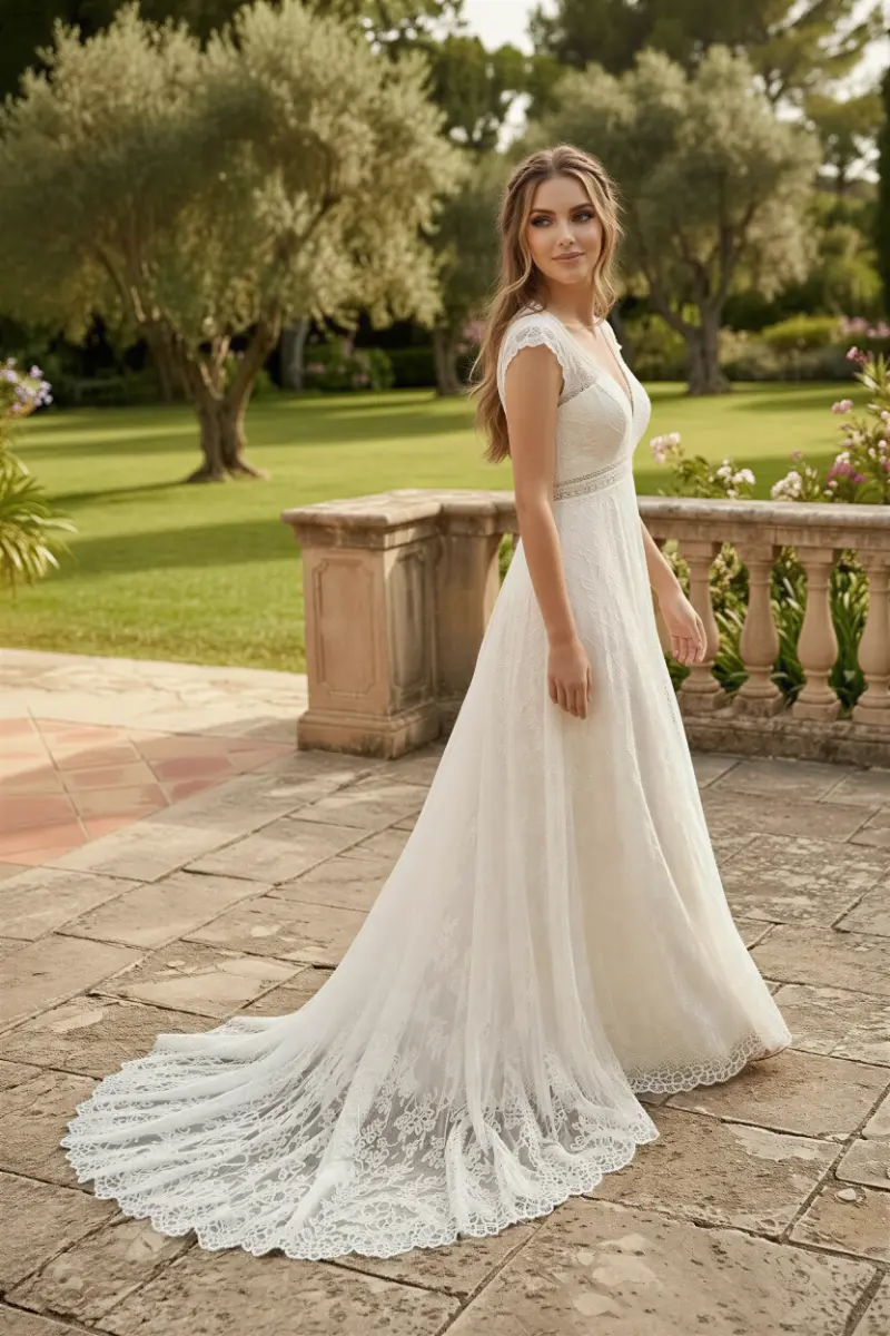 Abito sposa boho chic Roma con coda in pizzo Atelier Menì