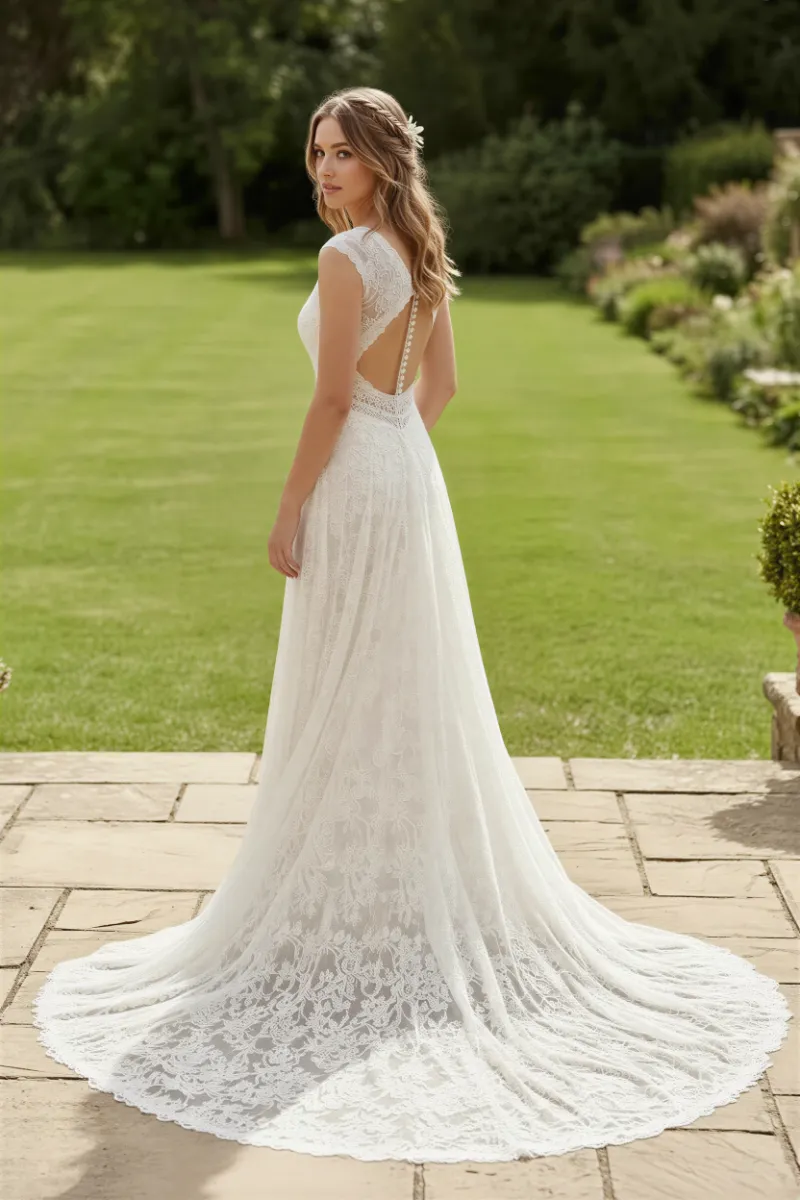 Abito sposa boho chic con schiena scoperta Roma Atelier Menì