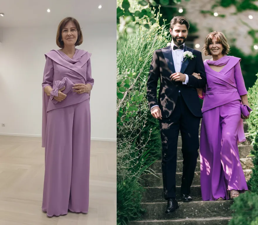 mamma dello sposo con completo pantalone glicine di Atelier Menì